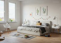 Bright Modern Bedroom with Botanical Decor and Cozy Atmosphere
