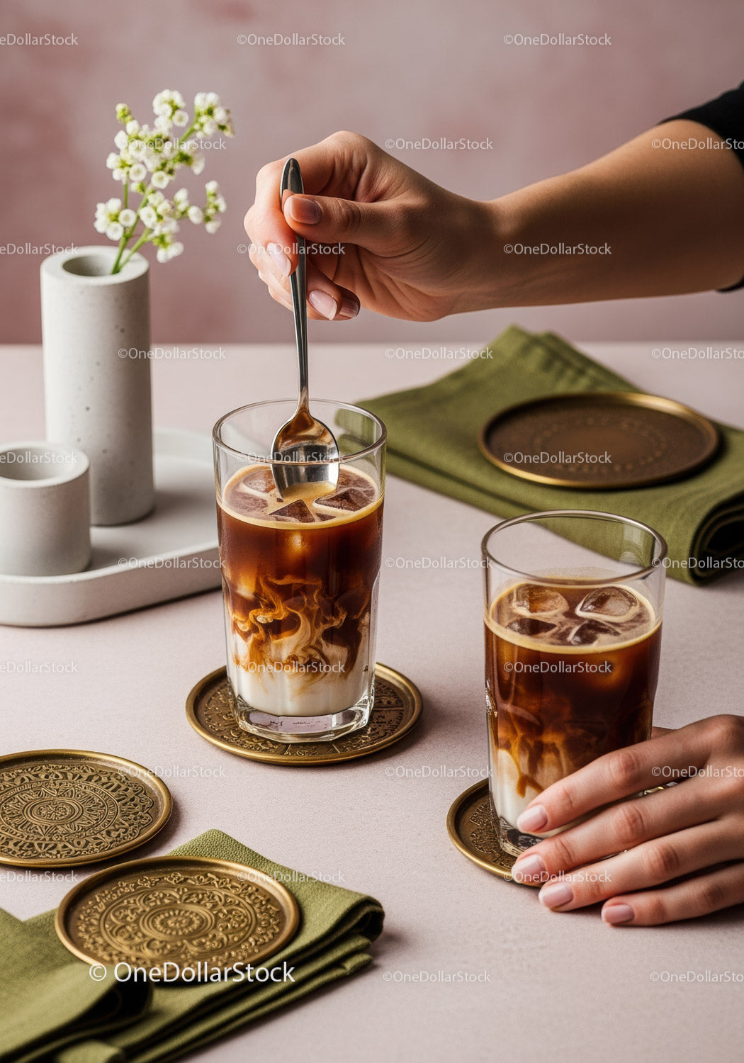 Refreshing Iced Coffee with Milk Served in Clear Glasses for Summer Refreshment