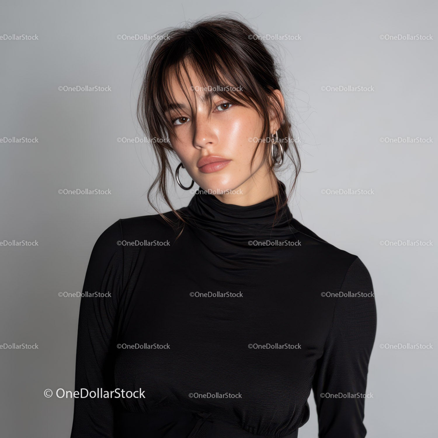 Stylish Woman Wearing Black Turtleneck in Studio Portrait