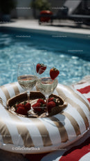 Strawberries and Sparkling Wine by Poolside on Inflatable Float