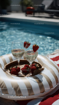 Strawberries and Sparkling Wine by Poolside on Inflatable Float