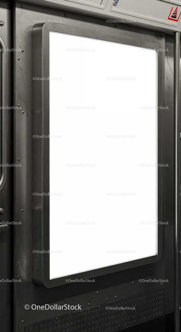 Blank illuminated advertisement panel inside urban subway train JPG Mockup Image