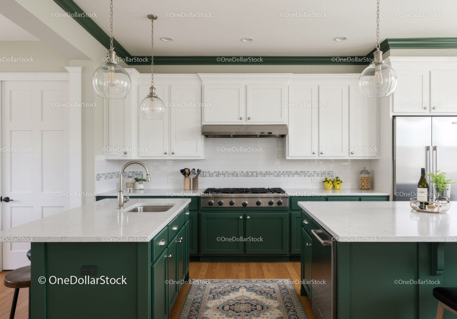 Modern Kitchen with White Cabinets and Green Island