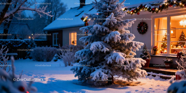 Snow-covered Christmas tree in cozy home garden at dusk