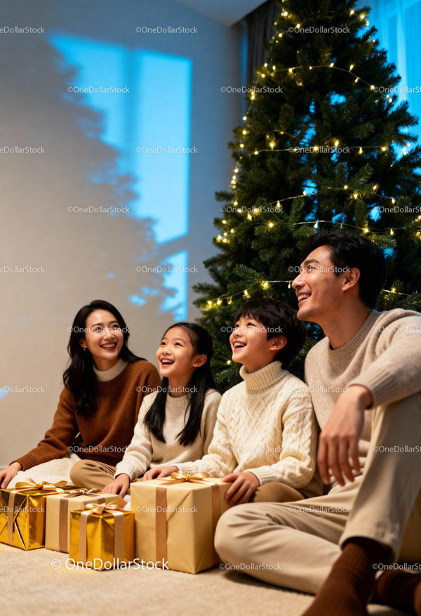 Happy family celebrating Christmas with gifts at tree