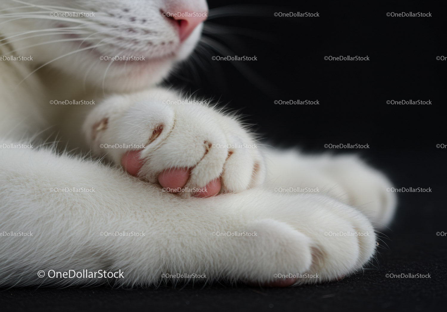 Close up of white cat paws and pink nose resting