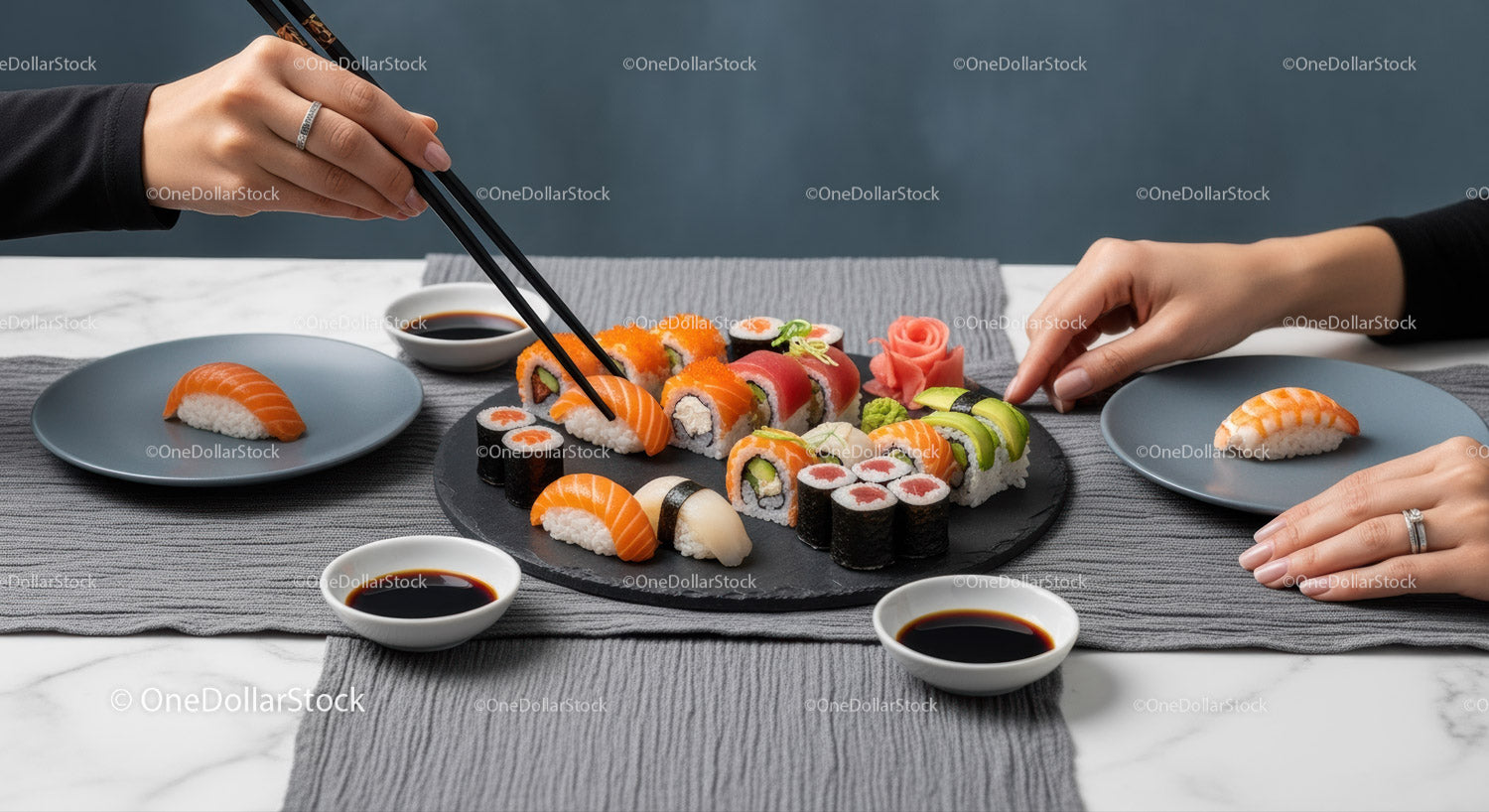Colorful Sushi Platter with Assorted Sushi Rolls and Nigiri