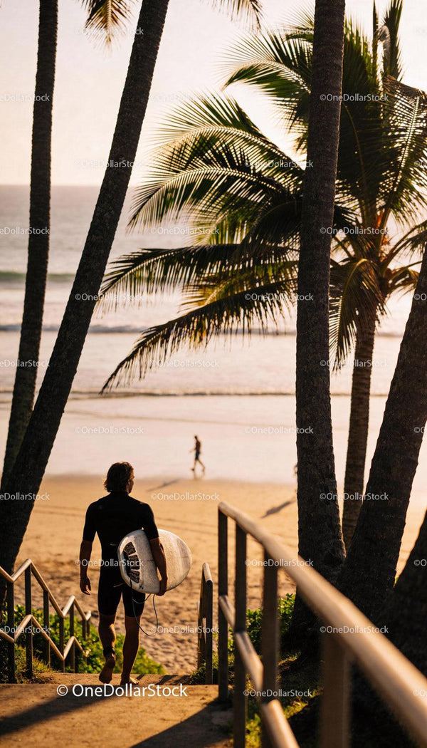Surfer walking down to beach with surfboard at sunset