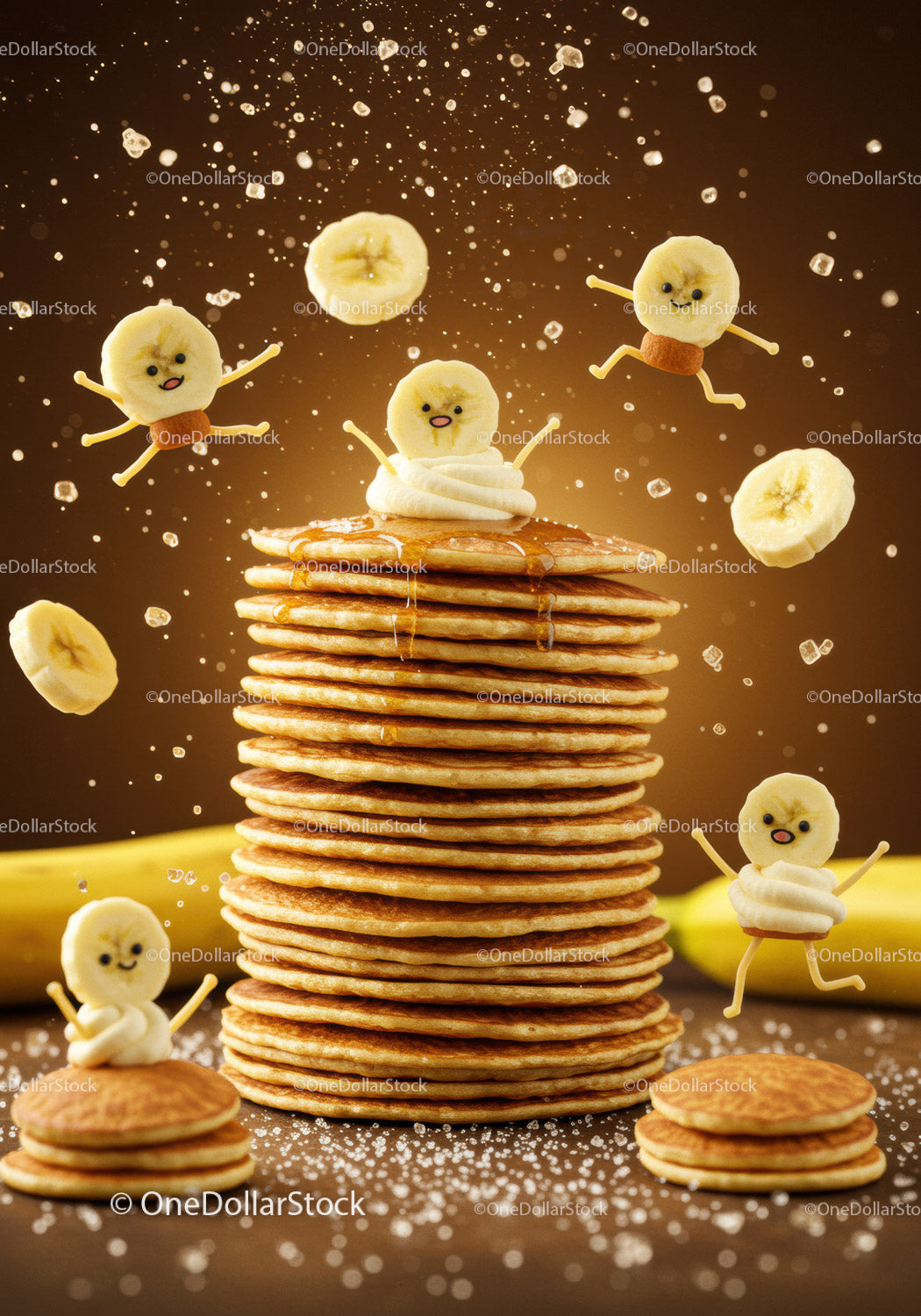 Playful banana characters dancing around pancake stack