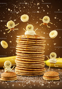 Playful banana characters dancing around pancake stack