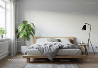 Modern Scandinavian Bedroom with Green Monstera Plant and Cozy Bed