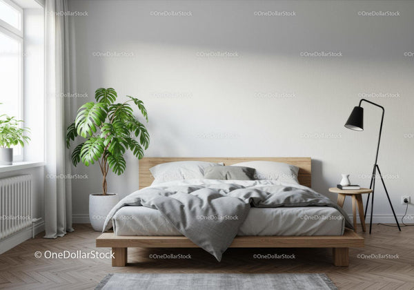 Modern Scandinavian Bedroom with Green Monstera Plant and Cozy Bed