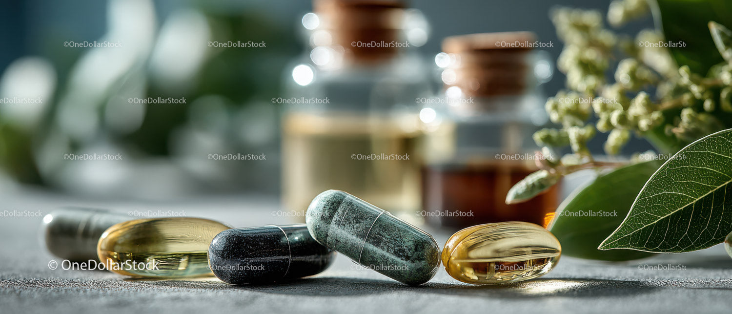 Healthy Dietary Supplements with Fish Oil and Herbal Pills