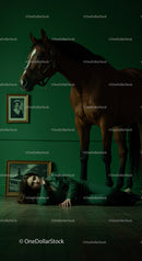 Woman Lying on Floor Beside a Horse in Dramatic Green Room