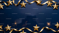 Golden Glitter Stars and Ribbon on Navy Blue Background