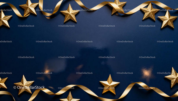 Golden Glitter Stars and Ribbon on Navy Blue Background