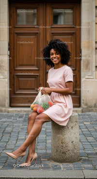 Smiling woman in pastel dress sitting with fruit bag