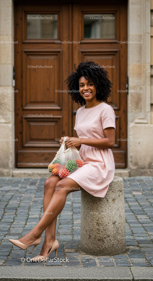 Smiling woman in pastel dress sitting with fruit bag