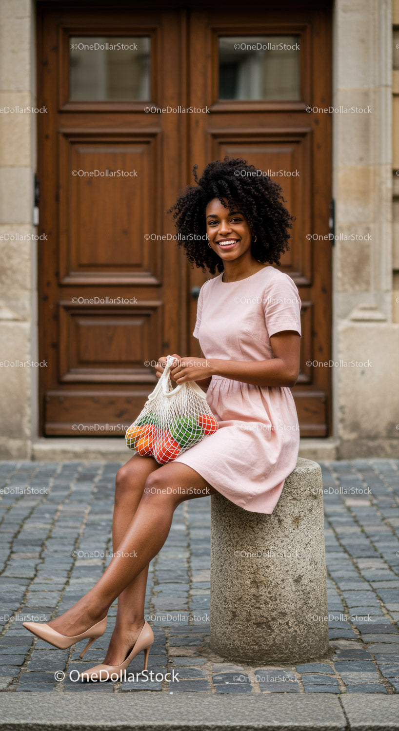 Smiling woman in pastel dress sitting with fruit bag