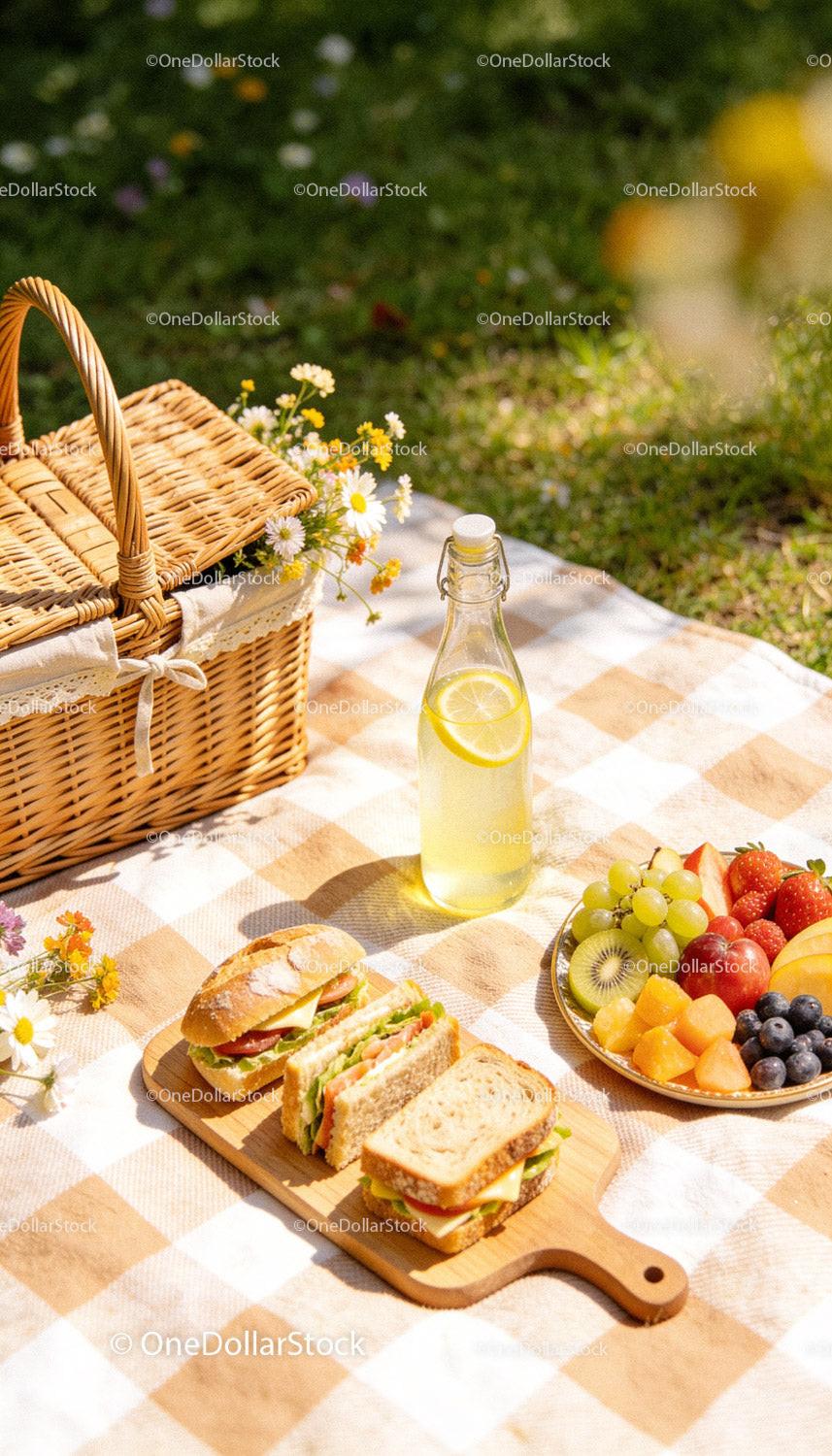 Fresh Picnic Spread with Sandwiches and Fruit Platter