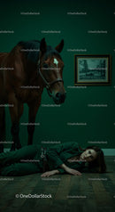 Woman Lying on Floor Beside a Horse in Dramatic Green Room