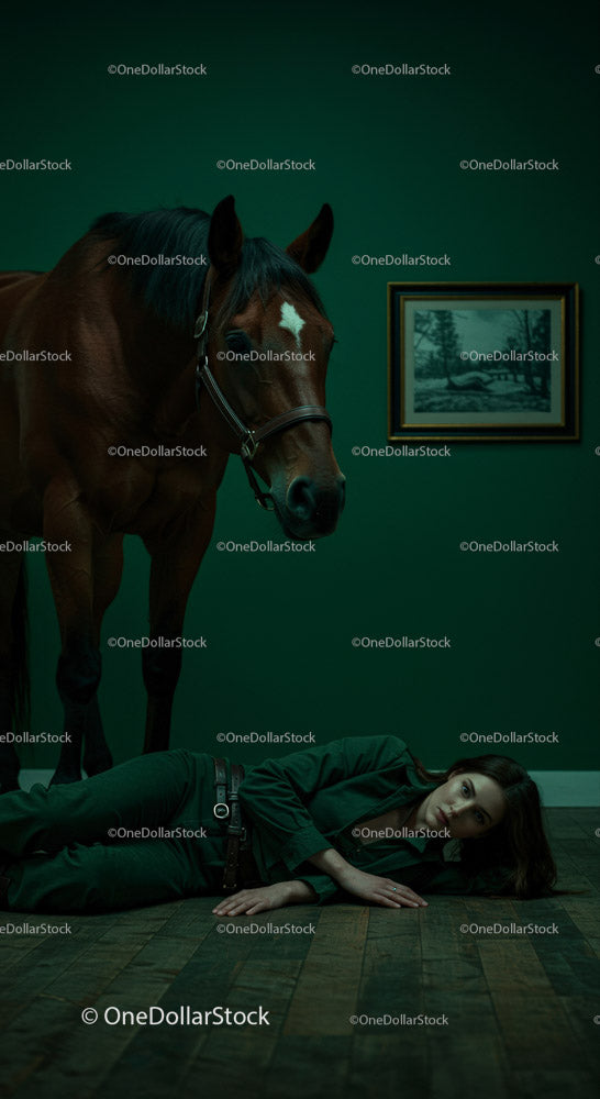 Woman Lying on Floor Beside a Horse in Dramatic Green Room