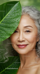Elderly Woman with Gray Hair Smiling Outdoors Surrounded by Greenery