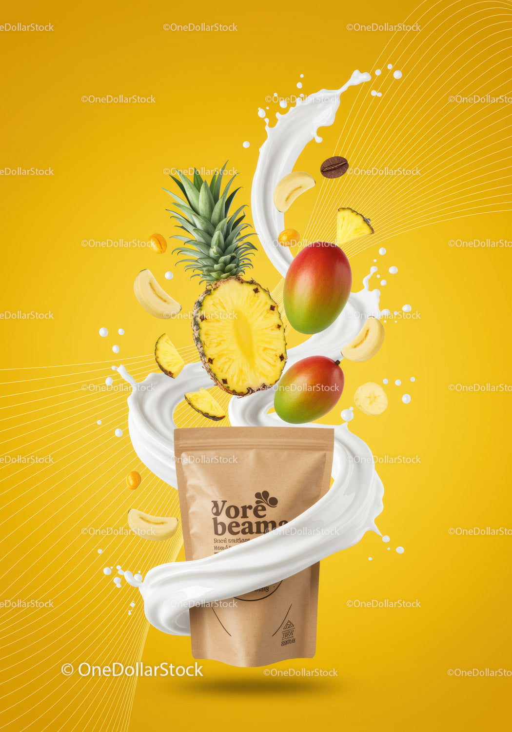 Tropical fruit blend with creamy splash on yellow