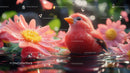 Red Cardinal Bird Sitting Near Pink Water Lily in Tropical Environment