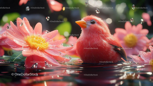 Fluffy Red Bird Among Pink Flowers And Water Droplets