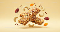 Healthy granola bars with nuts and dried fruits on yellow