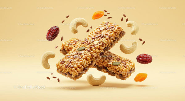 Healthy granola bars with nuts and dried fruits on yellow