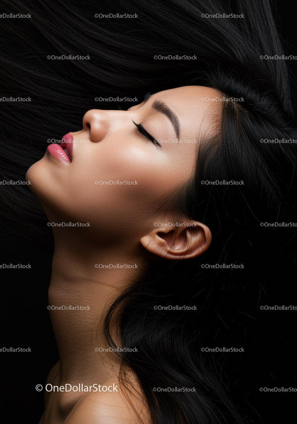 Serene woman with flowing black hair and closed eyes