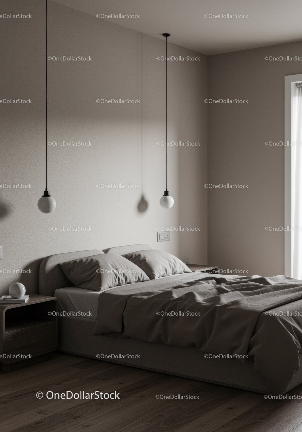 Minimalistyczna sypialnia z miękką pościelą i lampami wiszącymi