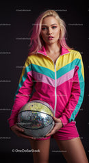 Vibrant Young Woman in Colorful Sportswear Holding Disco Ball Helmet