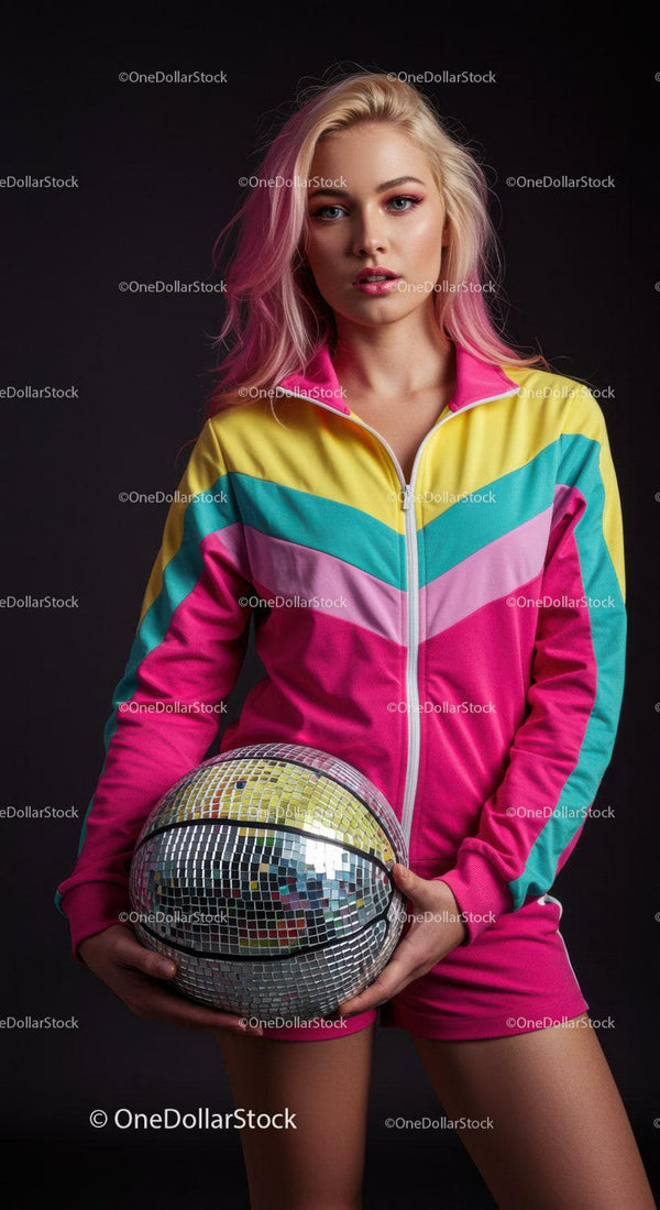 Vibrant Young Woman in Colorful Sportswear Holding Disco Ball Helmet
