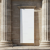 Blank vertical banner between antique stone columns