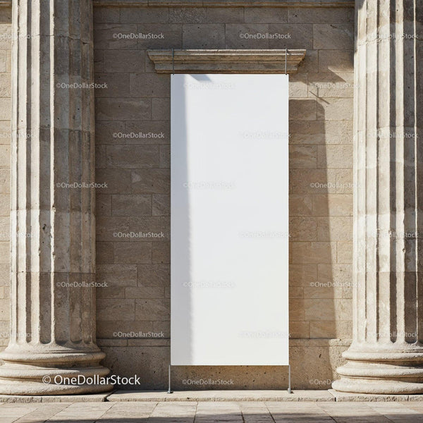 Blank vertical banner between antique stone columns JPG Mockup Image