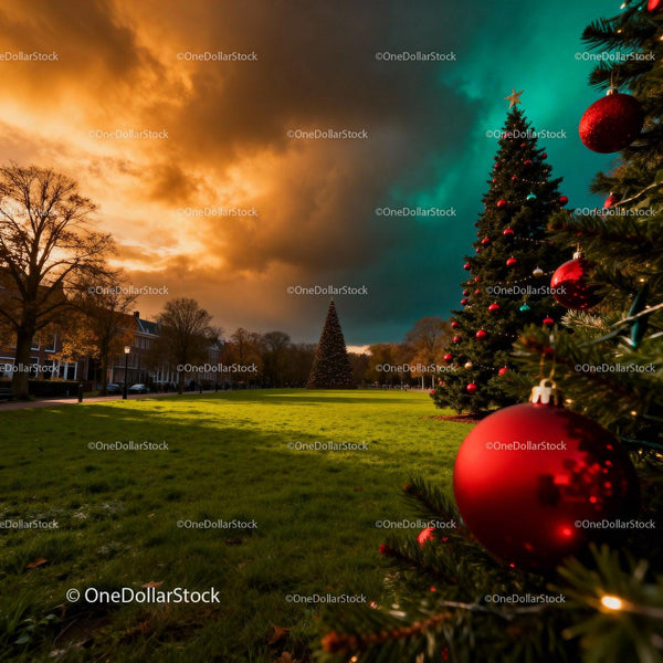 Sunset sky over decorated outdoor Christmas trees
