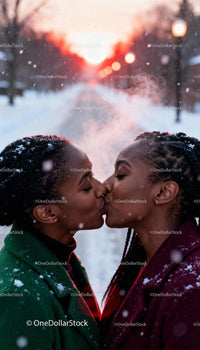 Couple Sharing a Warm Kiss on Winter Sunset Walk