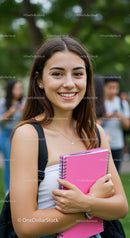 Young Smiling Woman with Pink Notebook in Outdoor Park Scene