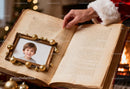 Hand Turning Pages of Vintage Book with Child Photo Frame