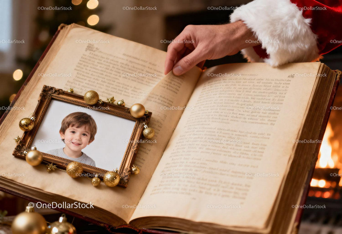 Hand Turning Pages of Vintage Book with Child Photo Frame