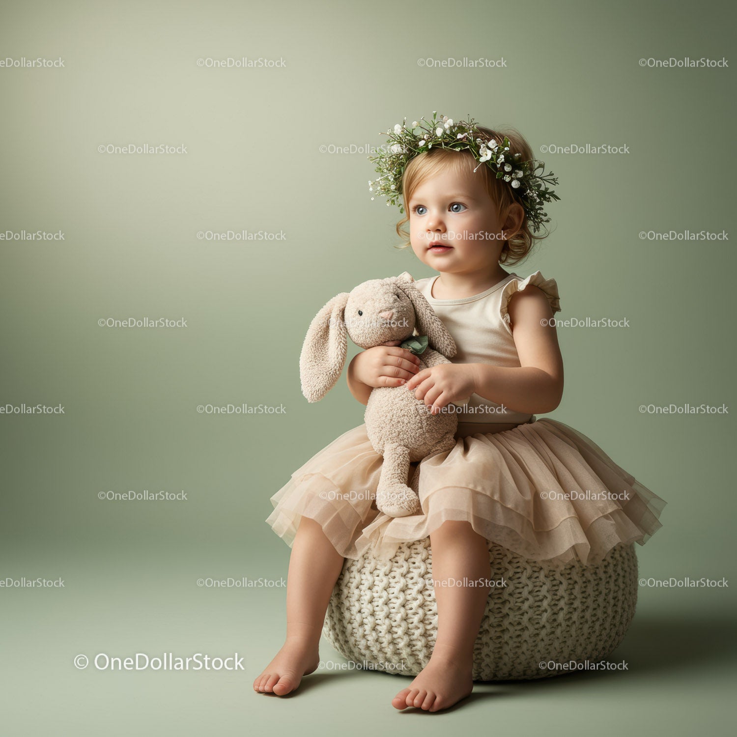 Toddler girl with floral crown holding plush bunny toy