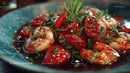 Fresh Strawberries with Herbs and Natural Juices in a Blue Bowl