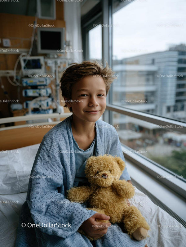 Smiling Young Boy Sitting with Teddy Bear in Hospital Room