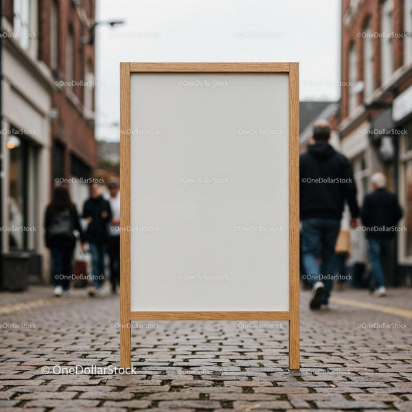 Blank wooden framed signboard on cobblestone street JPG Mockup Image