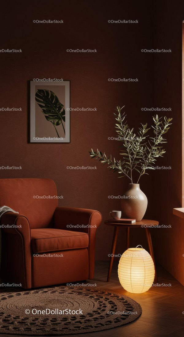 Cozy reading nook with warm terracotta armchair