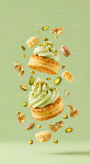 Pistachio cream pastries with crunchy toppings floating