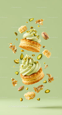 Pistachio cream pastries with crunchy toppings floating